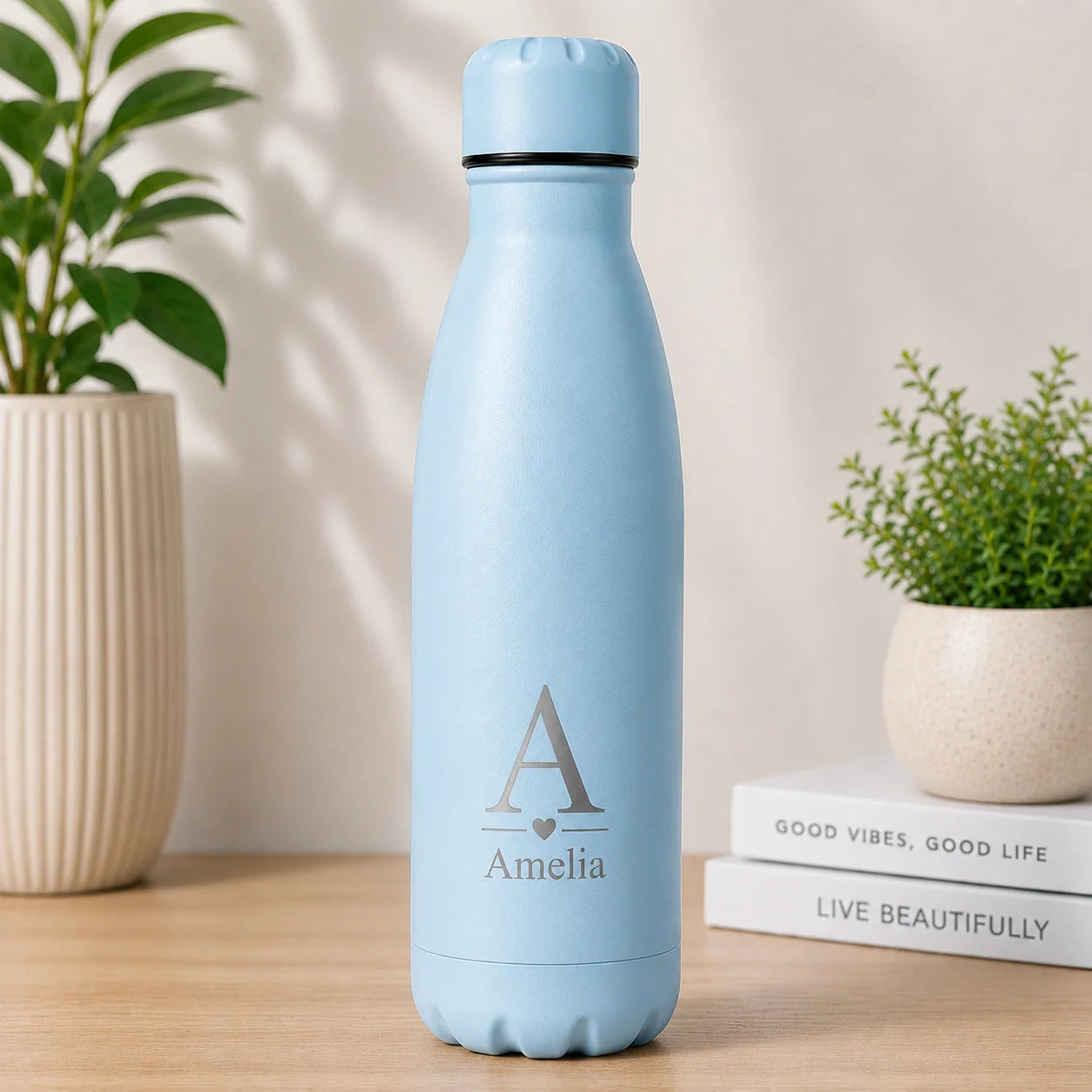 Personalised light blue water bottle with engraved initial and custom name, insulated stainless steel bottle for children, teachers, school or travel