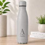 Personalised light grey stainless steel thermal bottle with engraved name and initial, reusable drinks bottle for office, travel or Father's Day