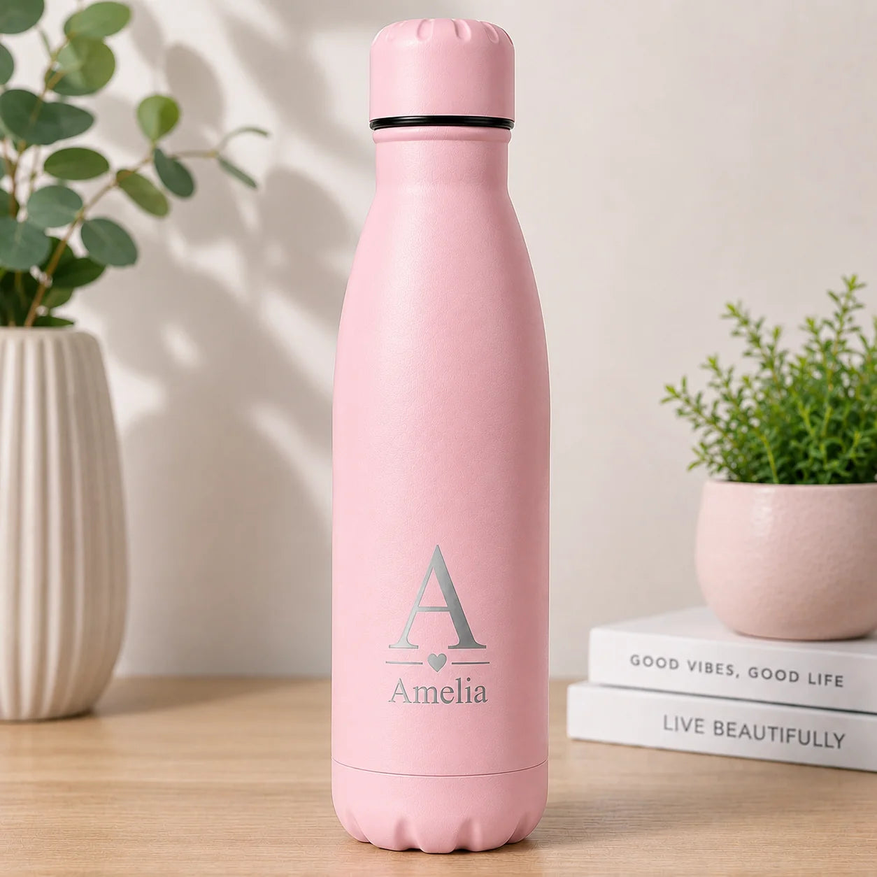 Personalised light pink insulated water bottle with custom engraved name and initial, beautiful Mother's Day, baby shower or birthday gift
