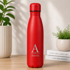 Personalised red stainless steel water bottle engraved with initial and name, perfect Valentine's Day, anniversary or Christmas gift