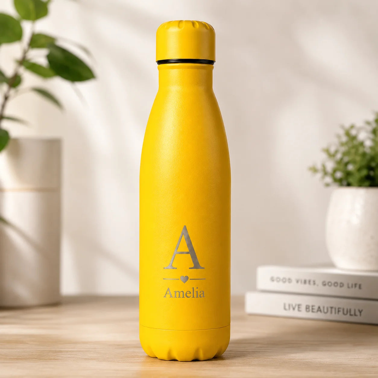 Personalised yellow thermal water bottle engraved with name and initial, custom stainless steel gift for birthdays, school, work or gym