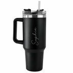 Personalised black insulated tumbler with custom name, 40oz stainless steel travel cup with handle and straw, reusable thermal drinks mug, personalised gift for birthdays, Christmas, Father's Day and Mother's Day.