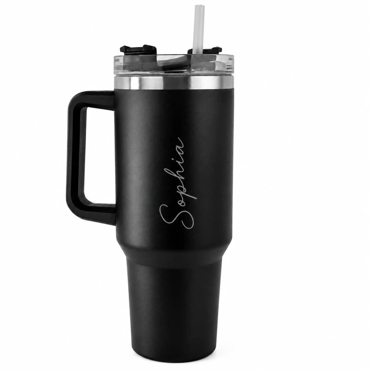 Personalised black insulated tumbler with custom name, 40oz stainless steel travel cup with handle and straw, reusable thermal drinks mug, personalised gift for birthdays, Christmas, Father's Day and Mother's Day.