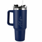 Personalised dark blue insulated tumbler with custom name, 40oz stainless steel travel mug with handle and straw, reusable thermal drinks cup, personalised gift for him, Father's Day, birthdays, Christmas and everyday use.