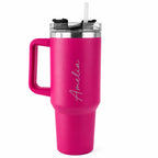 Personalised fuchsia insulated tumbler with custom name, 40oz stainless steel travel mug with handle and straw, reusable thermal cup, personalised gift for her, birthdays, Valentine's Day, Christmas and Mother's Day.