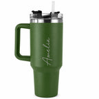 Personalised green insulated tumbler with custom engraved name, reusable stainless steel travel cup with handle and straw, personalised gift for men and women, perfect for birthdays, work, gym and daily hydration.