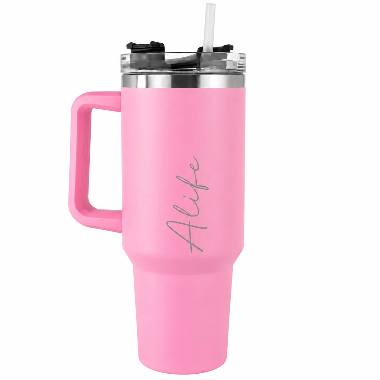 Personalised light pink insulated tumbler with custom name, 40oz stainless steel travel cup with handle and straw, reusable thermal drinks mug, personalised gift for women, girls, birthdays, Mother's Day and Christmas.
