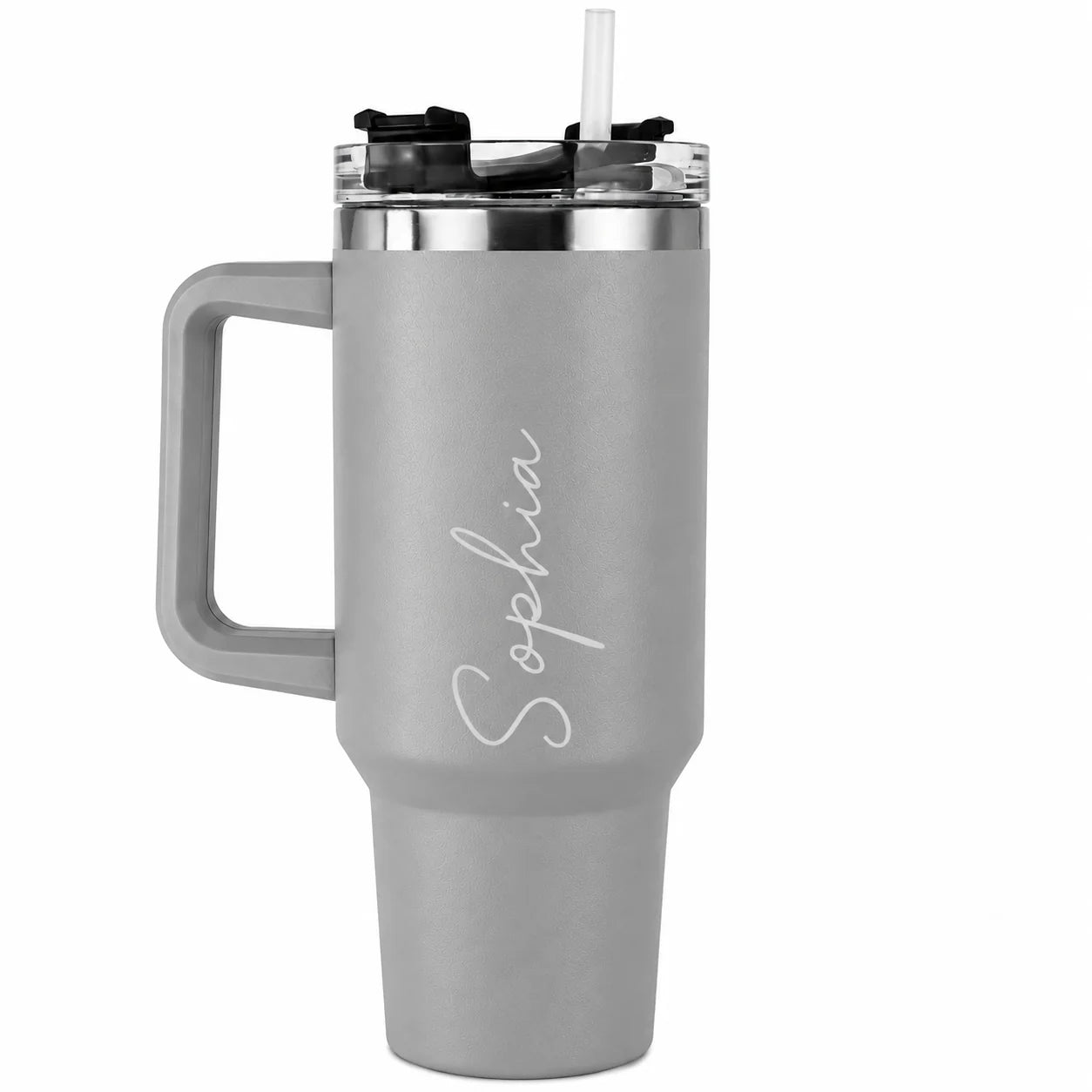 Personalised light grey insulated tumbler with custom engraved name, reusable stainless steel travel cup with handle and straw, personalised gift for her, him, birthdays and everyday use.