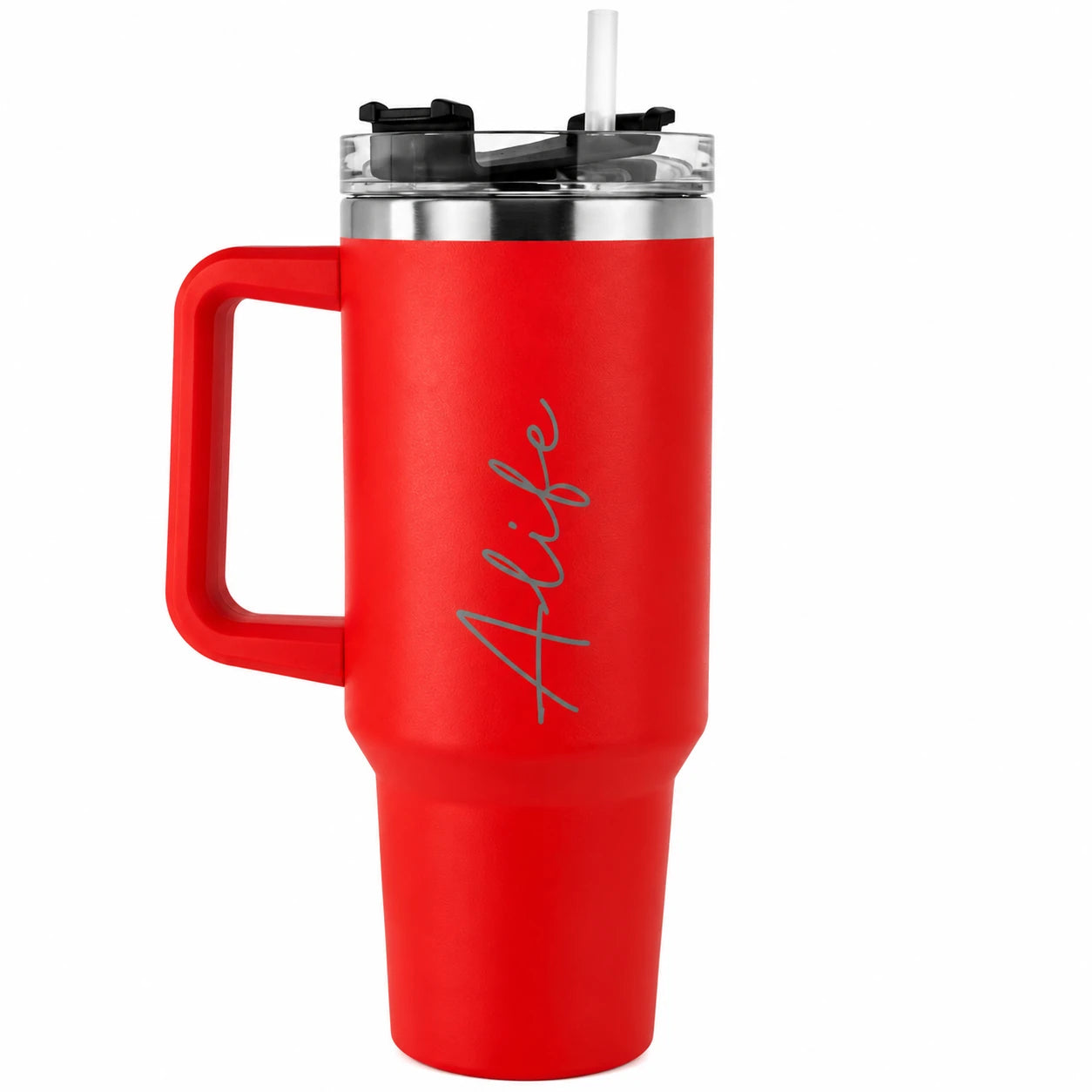 Personalised red insulated tumbler with custom name, 40oz stainless steel travel cup with handle and straw, reusable thermal drinks mug, personalised gift for birthdays, Valentine's Day, Christmas and special occasions.