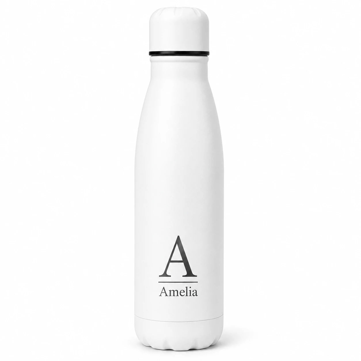 Personalised white thermal water bottle with engraved initial and custom name, insulated stainless steel reusable water bottle.