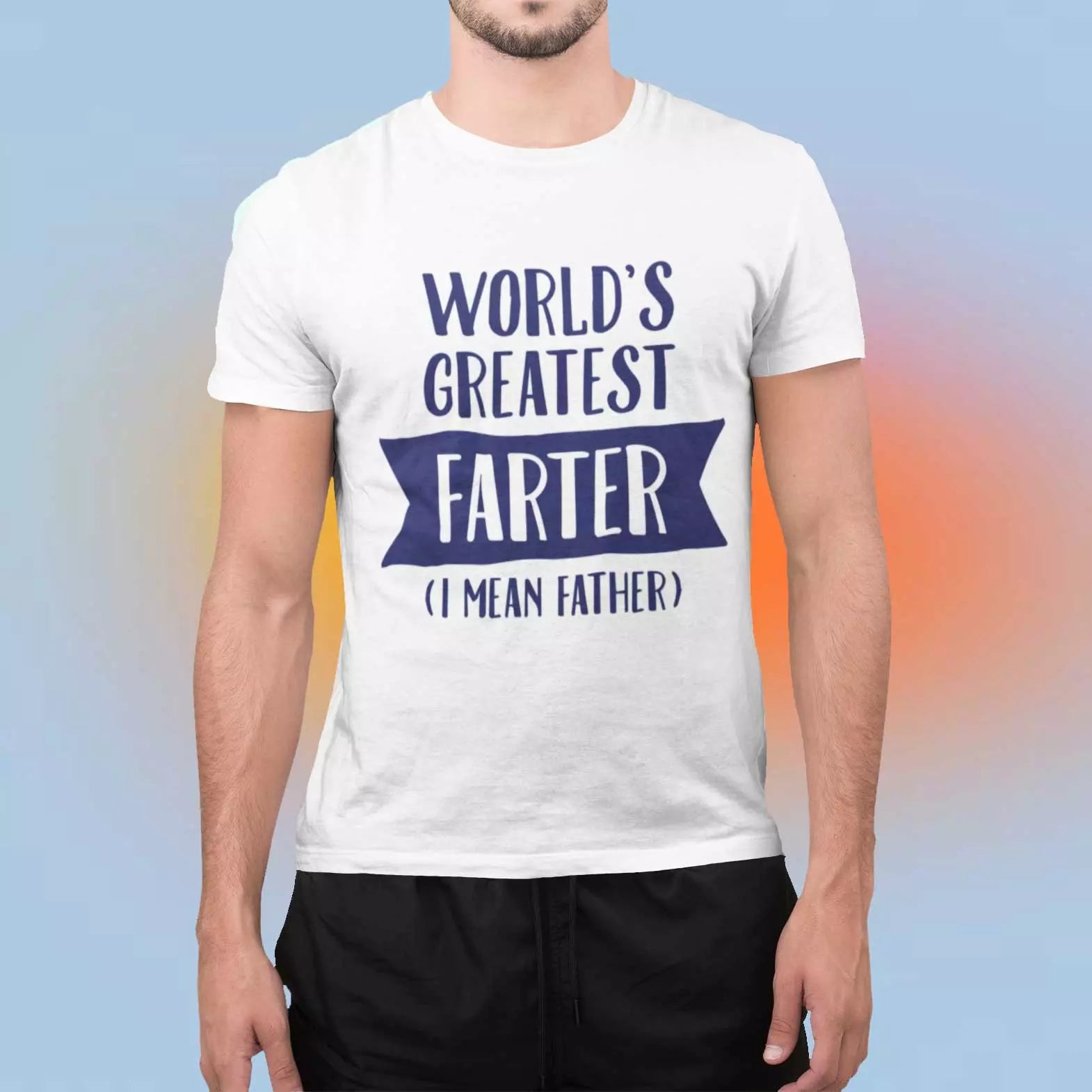 Personalised “World’s Greatest Farter… I Mean Father” t-shirt with custom name, a humorous gift for dads who love a laugh
