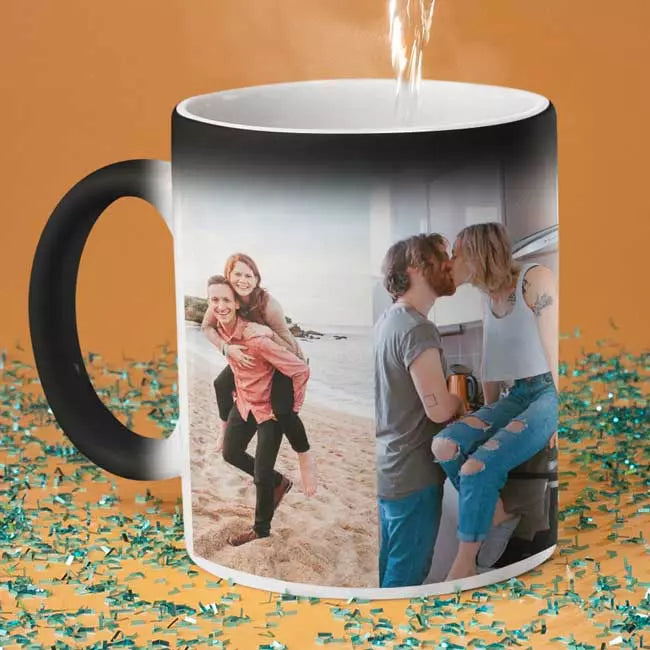 Personalised magic heat mug revealing two uploaded photos and custom text