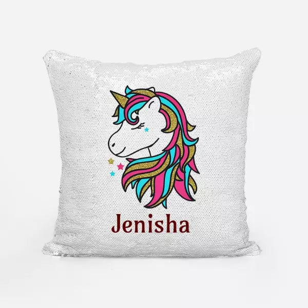 Personalised sparkling unicorn and rainbow cushion with soft plush backing