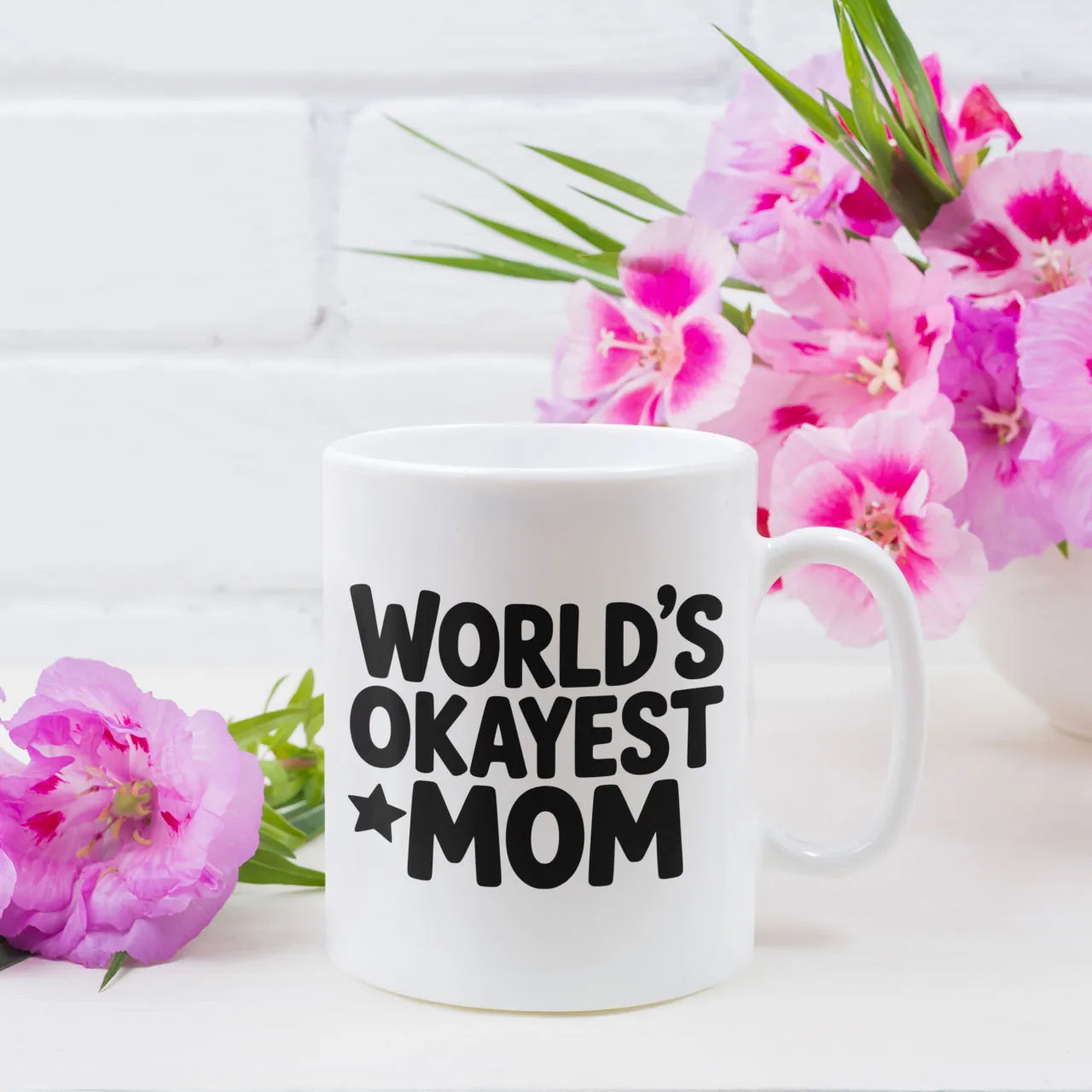 Funny personalised “World’s Okayest Mom” mug with custom photo and message printed on reverse side
