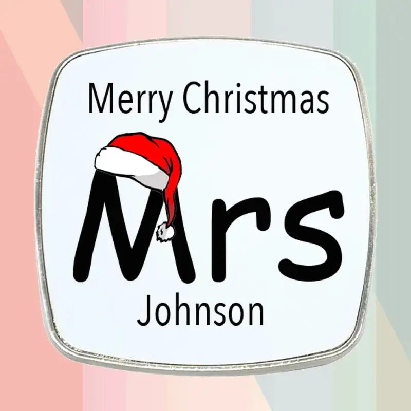 Personalised Mrs Christmas fridge magnet gift set featuring two matching square magnets with festive Santa hats and individual custom names.