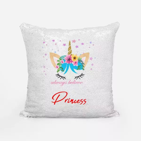 Personalised unicorn sequin cushion for bedrooms or playrooms