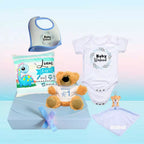 cute baby hamper with babygrow, comforter, teddy bear, baby cushion and bib in a blue presentation box 