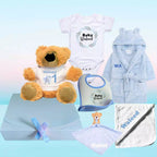 custom gift hamper for boy with babygrow, robe, teddy bear, bib and comforter and baby blanket. Ideal for newborns or birthdays