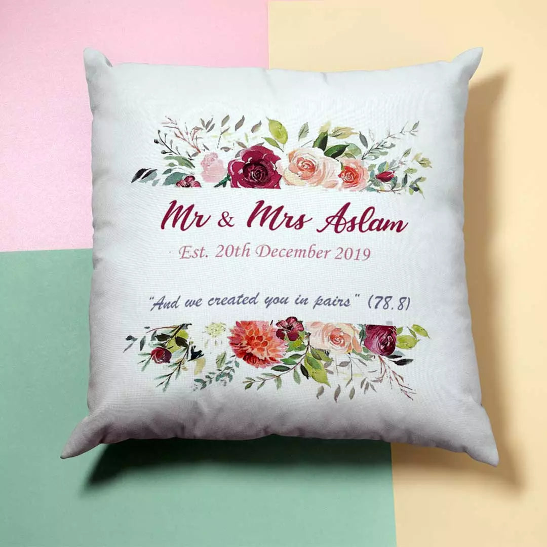 Custom cushion with names and date — elegant garland design