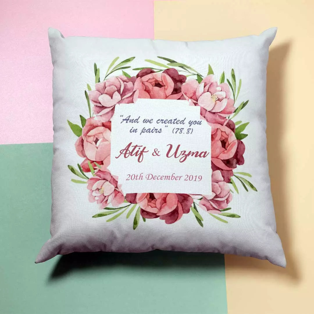 Custom soft home décor cushion with peach wreath and personalised text