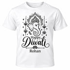 White personalised Happy Diwali T-shirt with black Lord Ganesha design, decorative diyas, lotus details and custom name underneath.