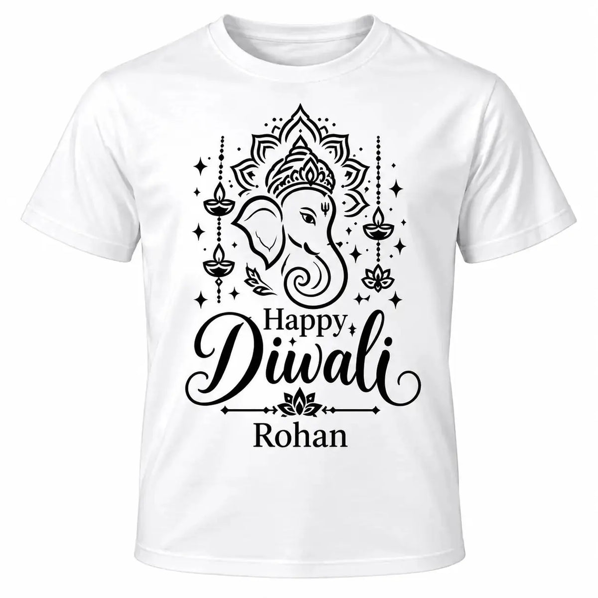 White personalised Happy Diwali T-shirt with black Lord Ganesha design, decorative diyas, lotus details and custom name underneath.