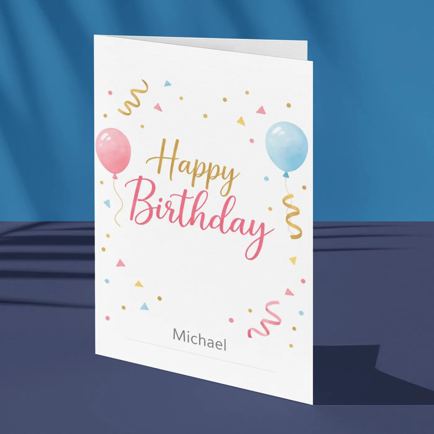 Personalised happy birthday greeting card with pastel balloons and confetti design custom name birthday card UK