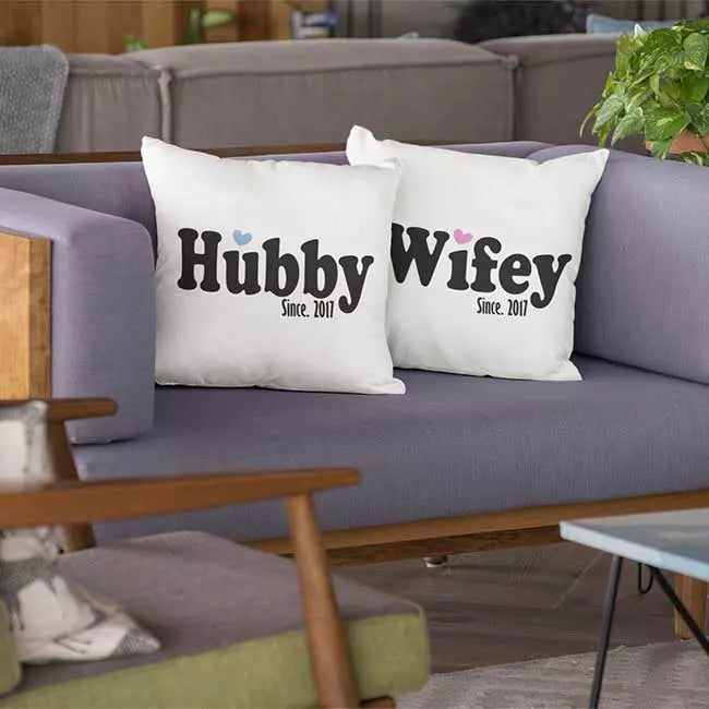 Romantic personalised cushion cover for couples with “Wifey” and “Hubby” design