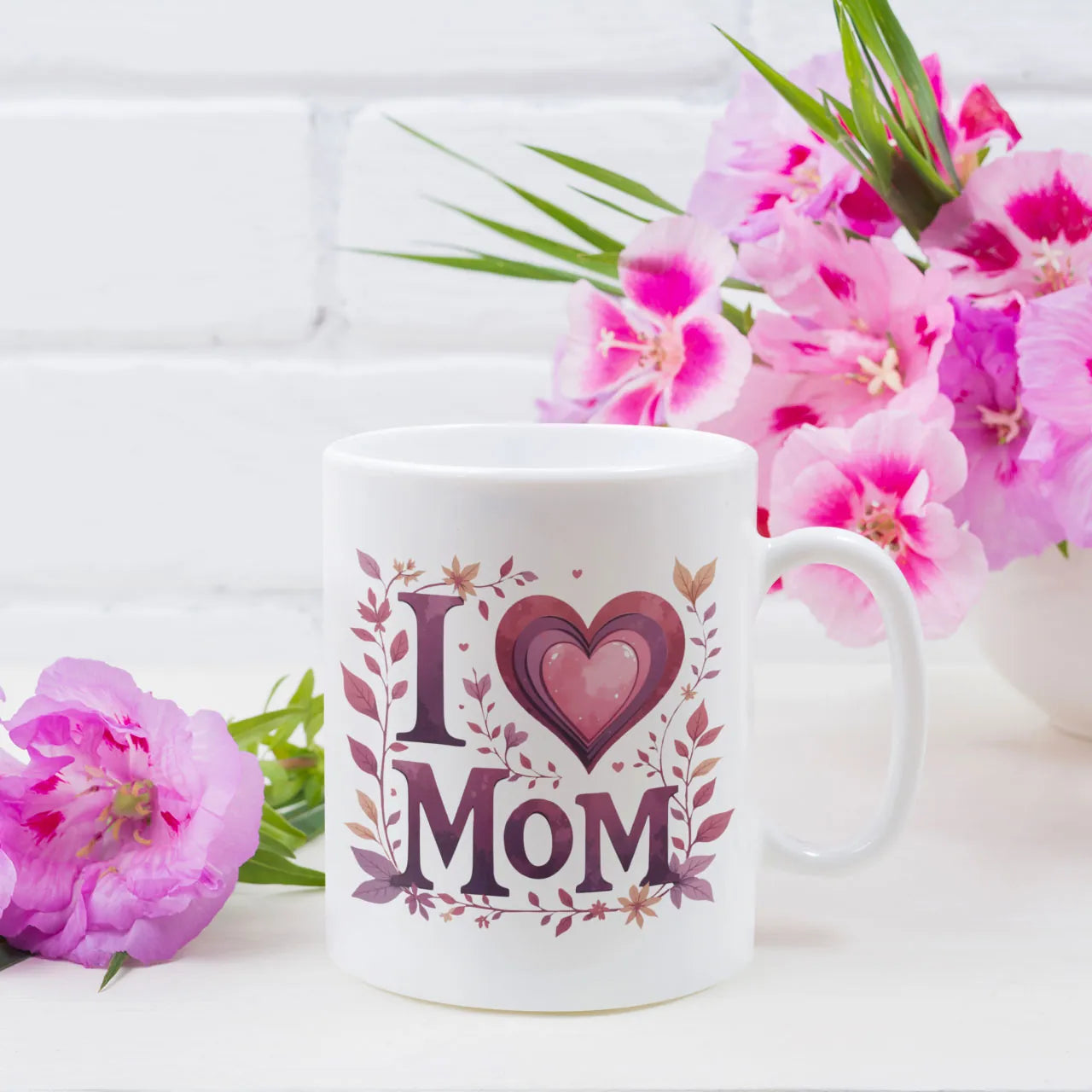 Personalised ceramic mug with classic I Heart Mom red heart design and custom name, traditional Mother's Day gift for Mum or Nan UK.