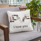 Photo memory cushion with personalised message for bedroom or sofa