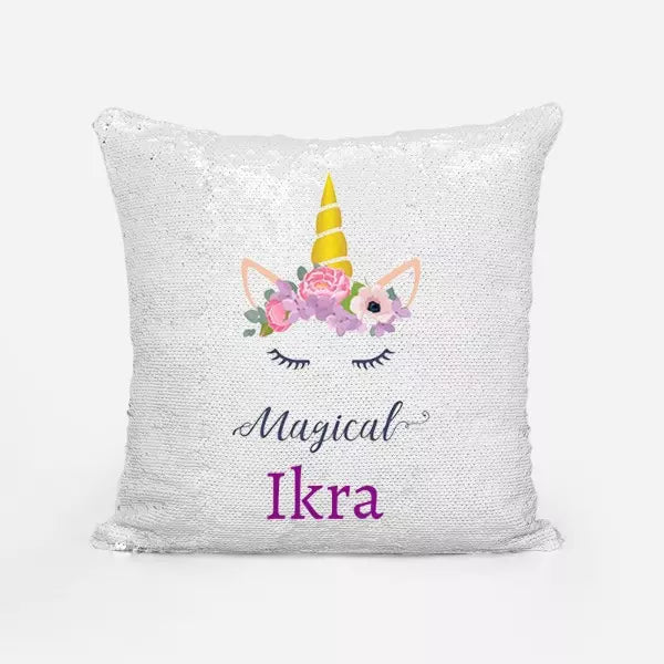 Magic sequin unicorn cushion cover with name — perfect gift idea