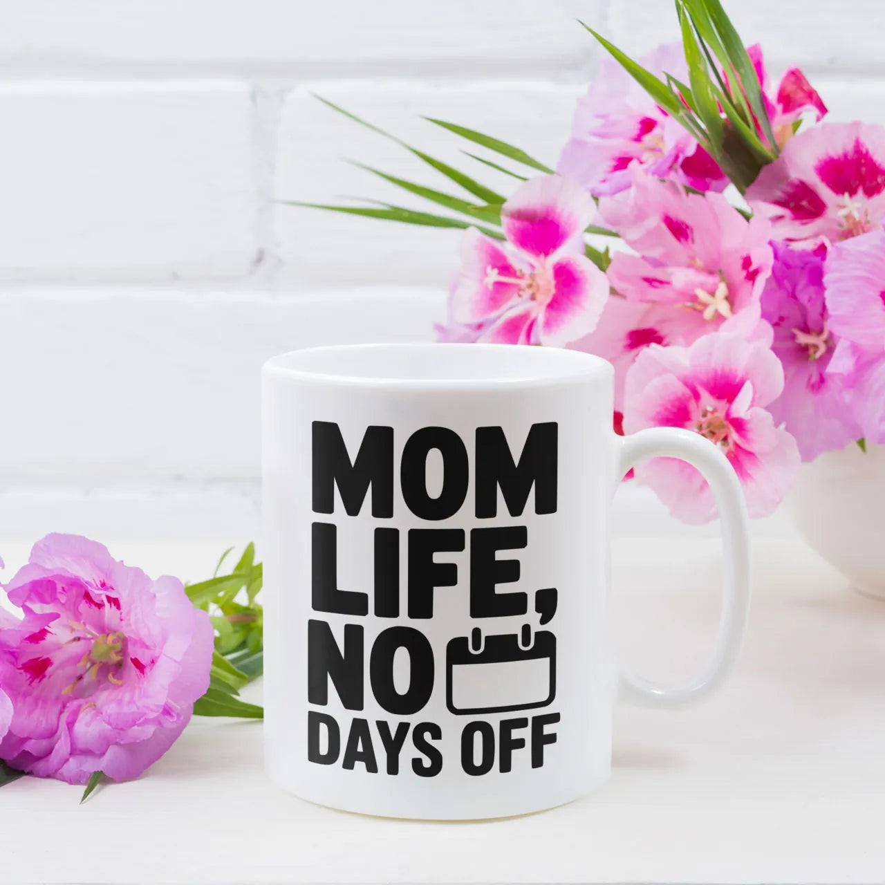 Personalised coffee mug printed with Mom Life No Days Off design, white ceramic gift mug, custom tea cup for Mother's Day.