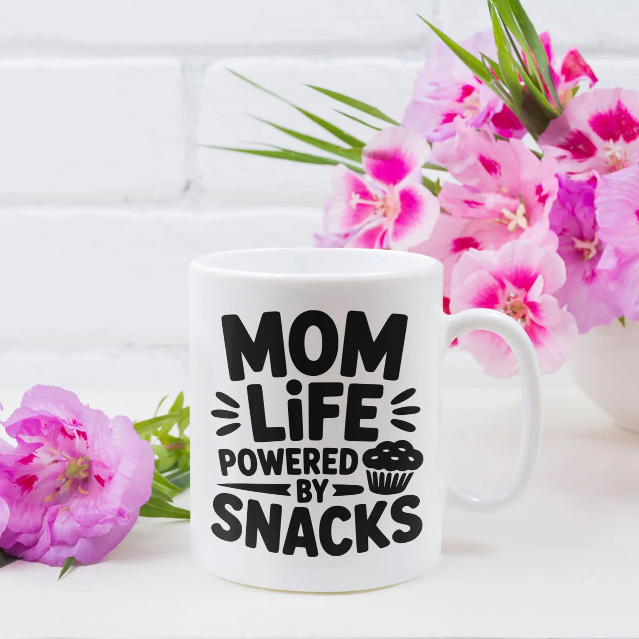 Personalised coffee mug printed with Mom Life Powered By Snacks design, white ceramic gift mug, custom tea cup for Mother's Day.