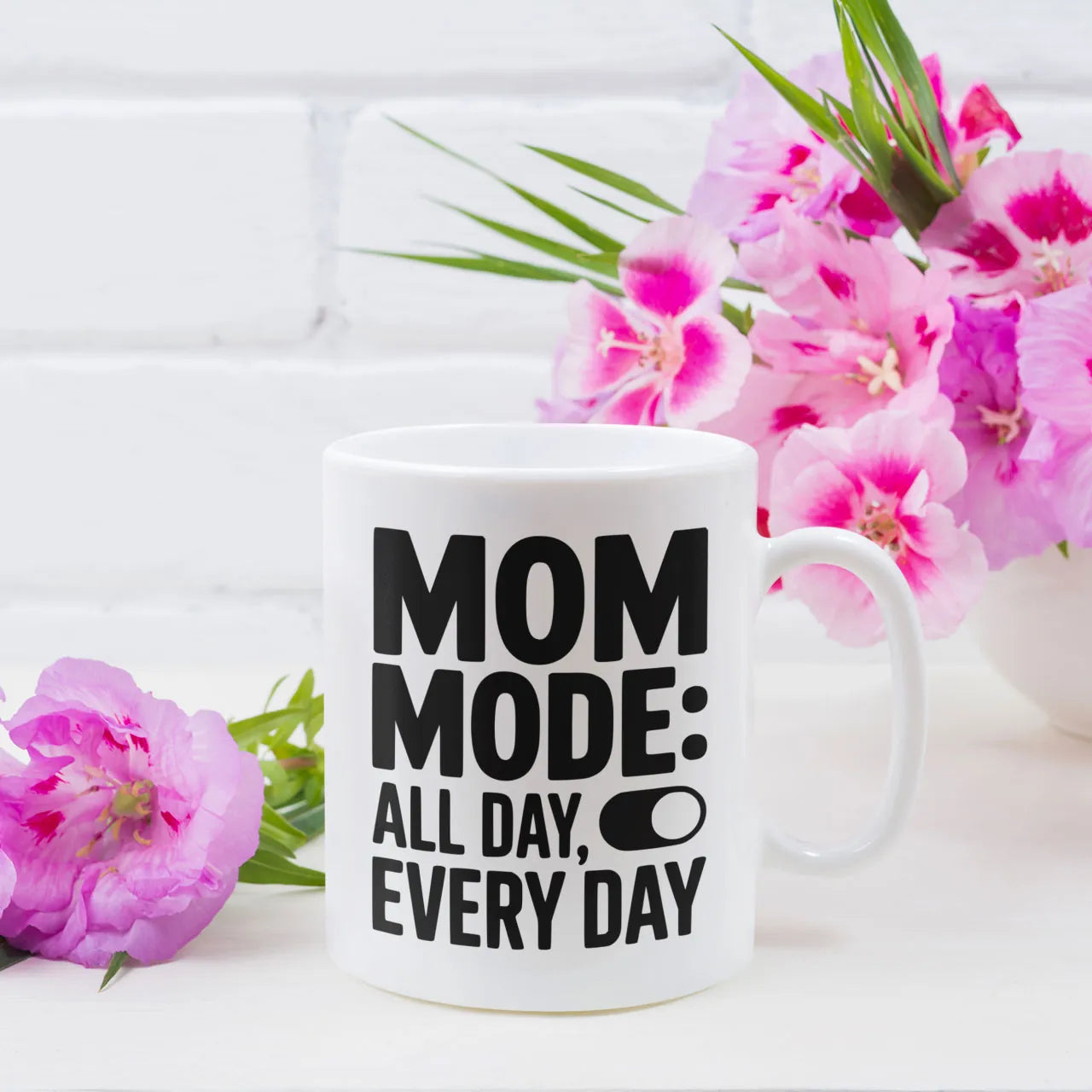 Personalised coffee mug printed with Mom Mode All Day Every Day design, white ceramic gift mug, custom tea cup for Mother's Day.