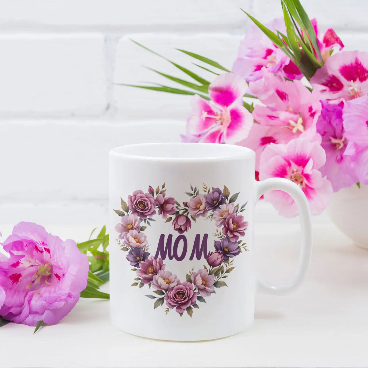 Personalised coffee mug printed with Mom Purple Heart Wreath floral design, white ceramic gift mug, custom tea cup for Mother's Day.