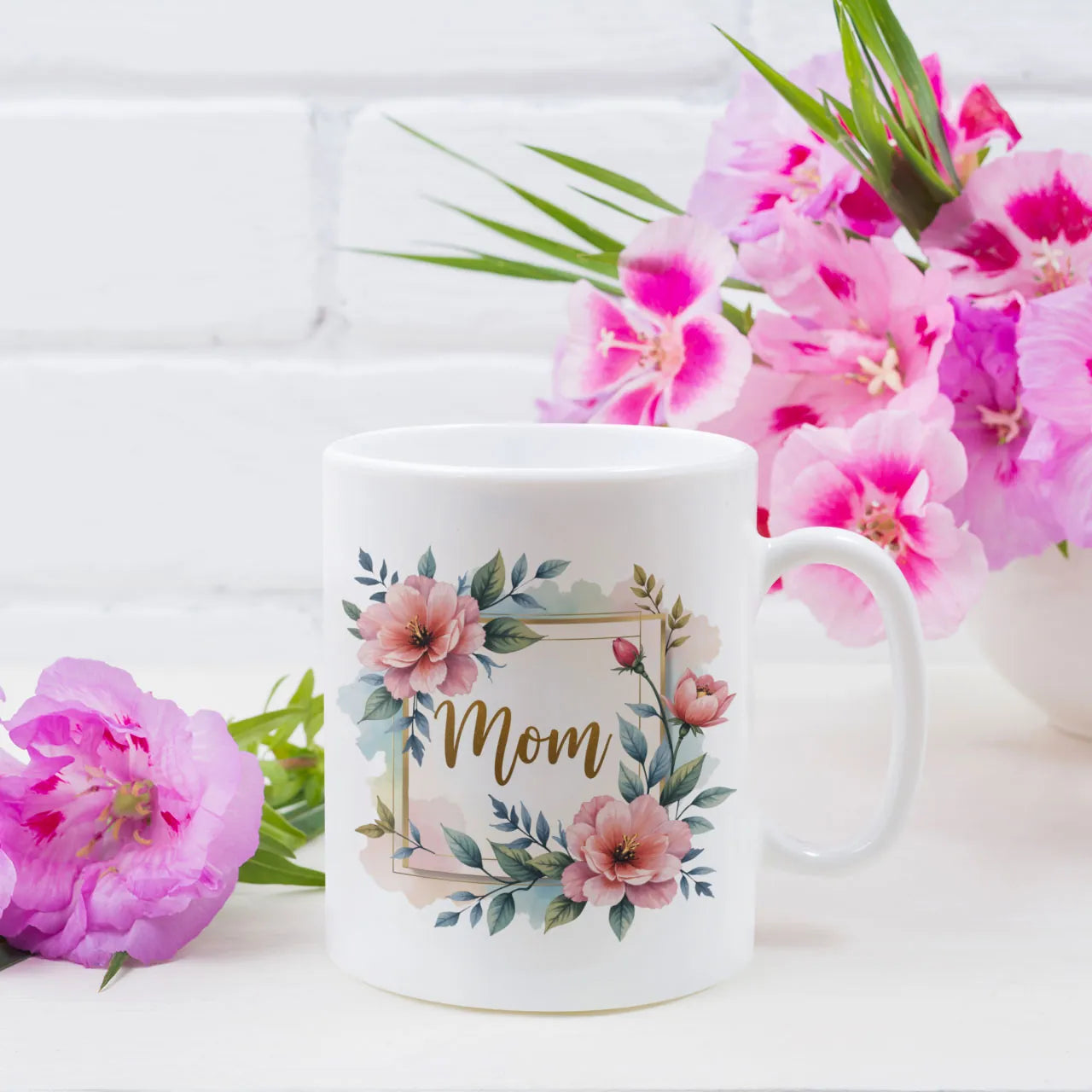 Personalised coffee mug printed with Mom Square Wreath floral design, white ceramic gift mug, custom tea cup for Mother's Day.