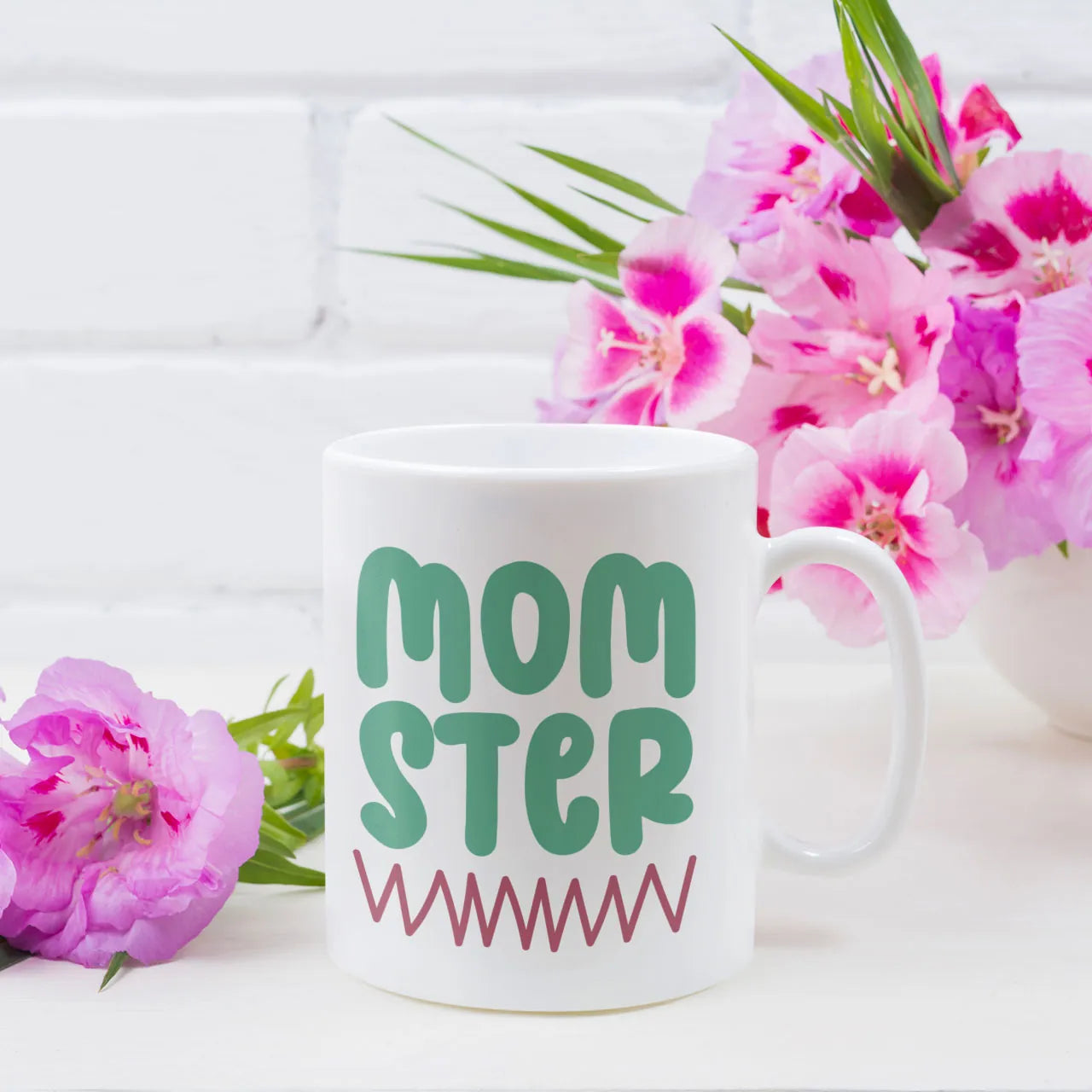 Personalised coffee mug printed with Momster design, white ceramic gift mug, funny custom tea cup for Mum.