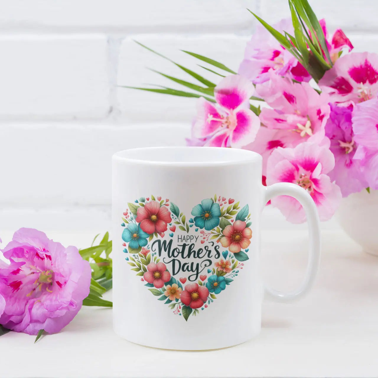 Personalised Mother's Day ceramic mug with a bohemian floral heart wreath and custom name, unique gift for her.
