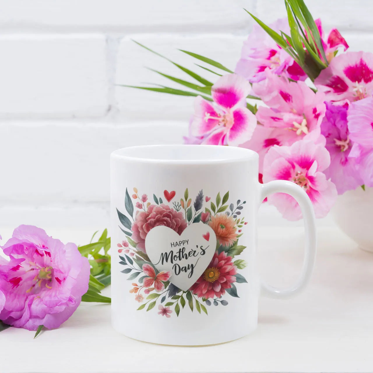 Personalised Mother's Day ceramic mug featuring a classic pink floral heart wreath and custom name, unique gift for her UK.