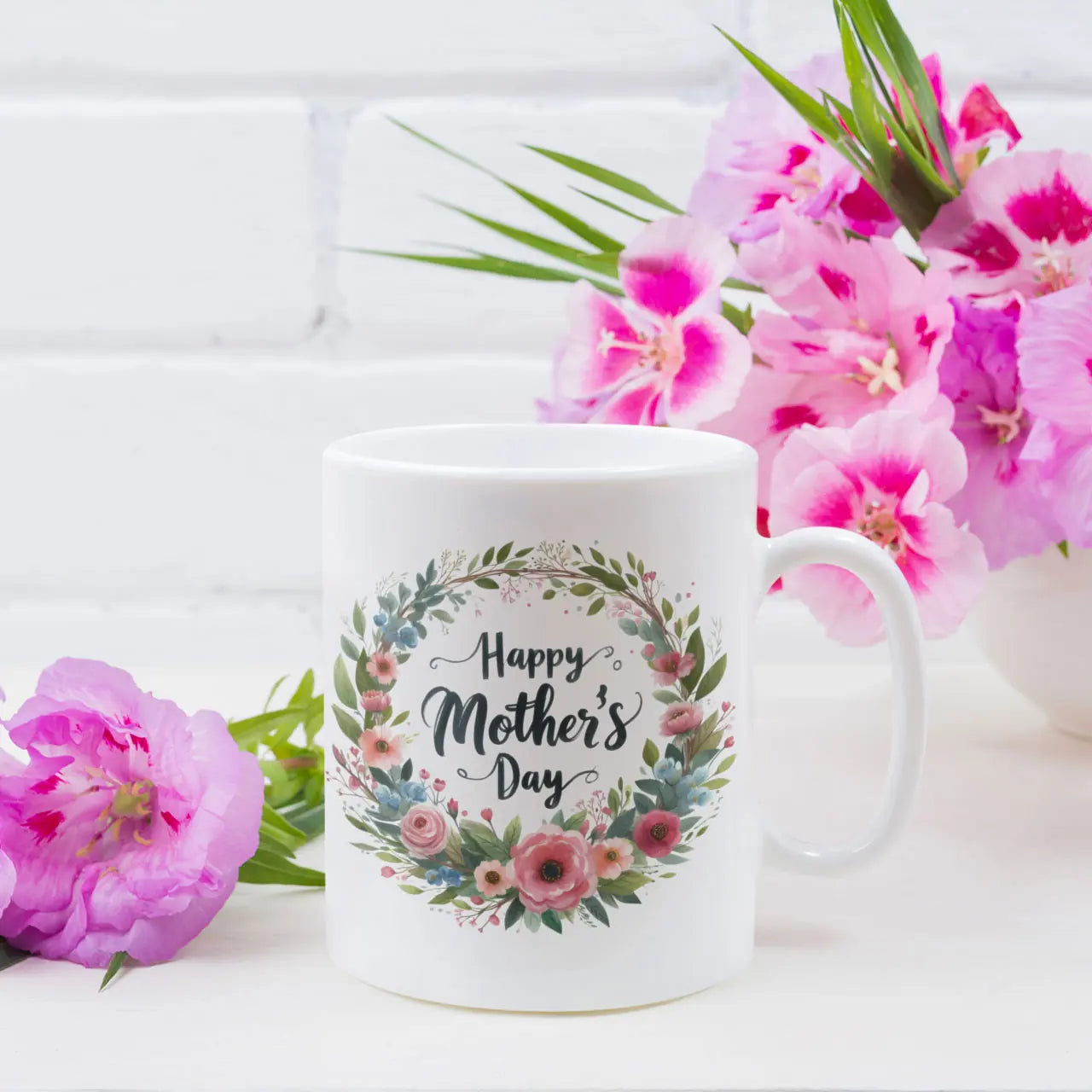 Personalised Mother's Day ceramic mug with a vibrant floral wreath design and custom name, unique gift for her UK.