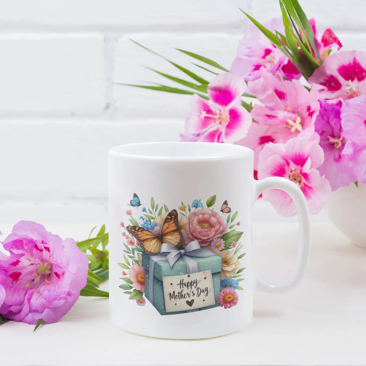 Personalised Mother's Day ceramic mug with a gift box graphic and custom name, unique gift for her.