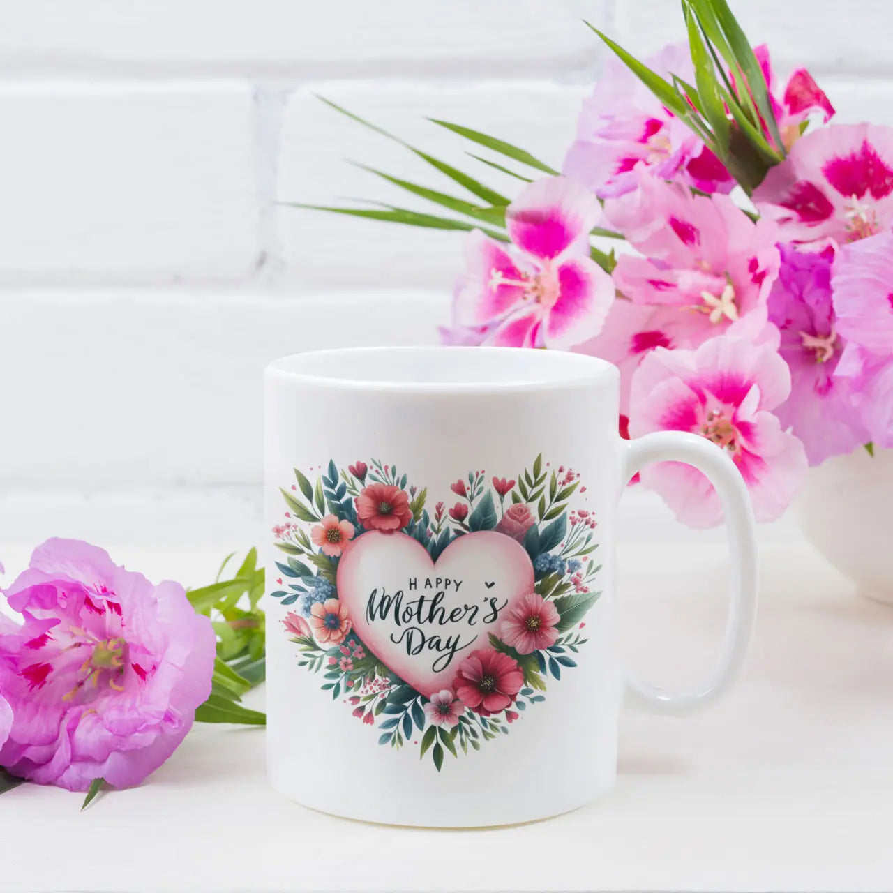 Custom Mother's Day ceramic mug featuring a pink floral heart wreath and personalised name, gift for her UK.
