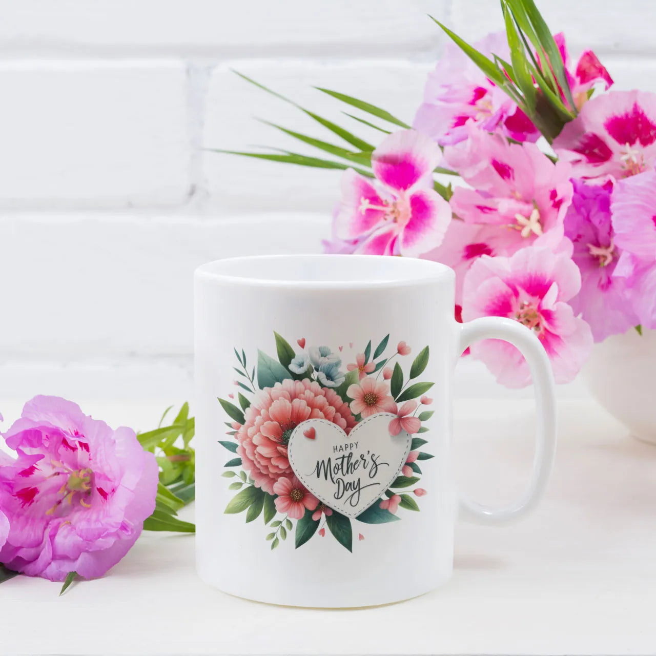 Unique personalised Mother's Day ceramic mug with a vintage pastel heart wreath design and custom name, floral gift for her.