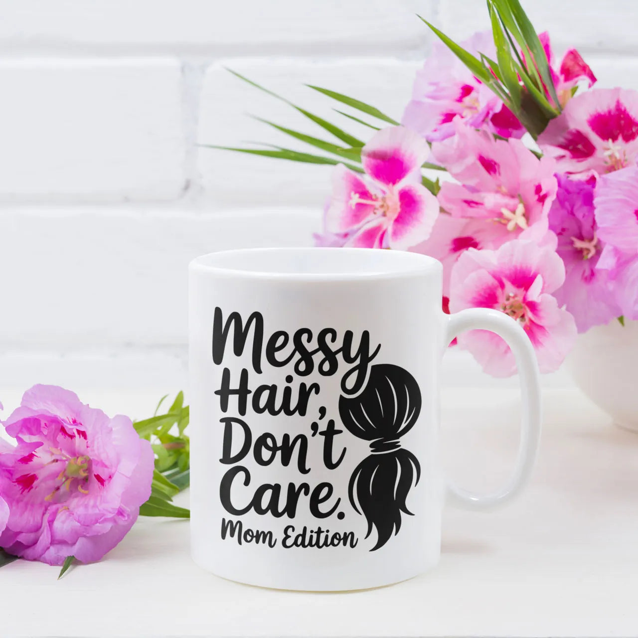 Personalised coffee mug with "Messy Hair Dont Care" text, white ceramic gift mug, funny custom tea cup for mums on Mother's Day.