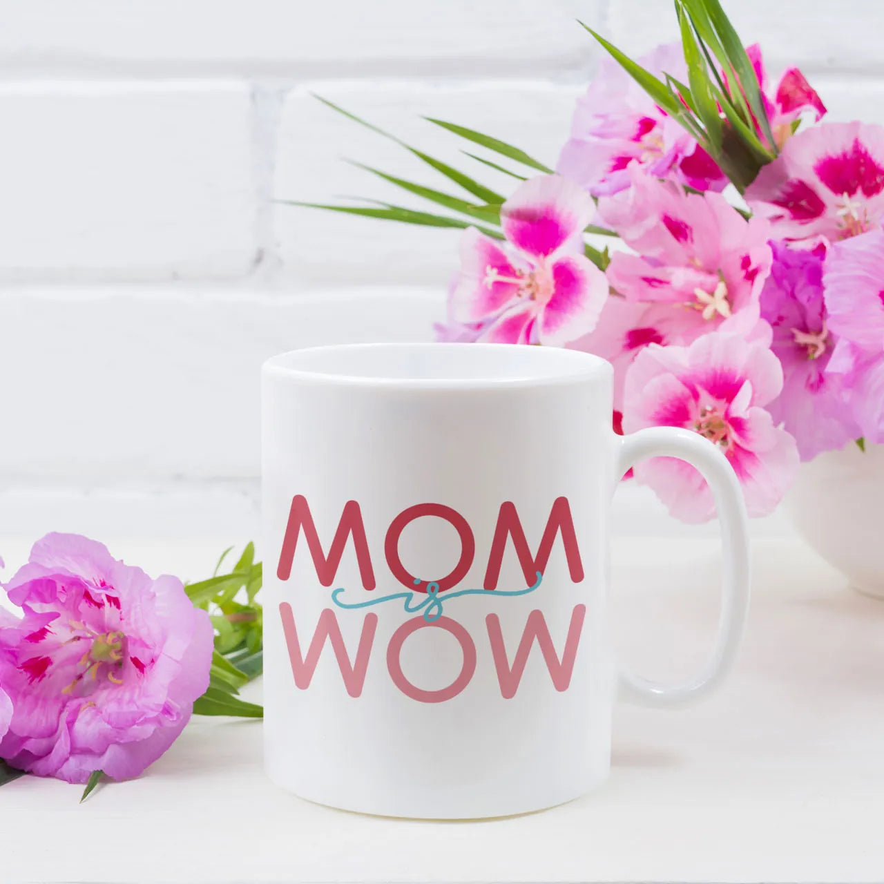 Personalised coffee mug with Mom Is Wow typography design, white ceramic gift mug for Mother's Day, custom gift for mum.