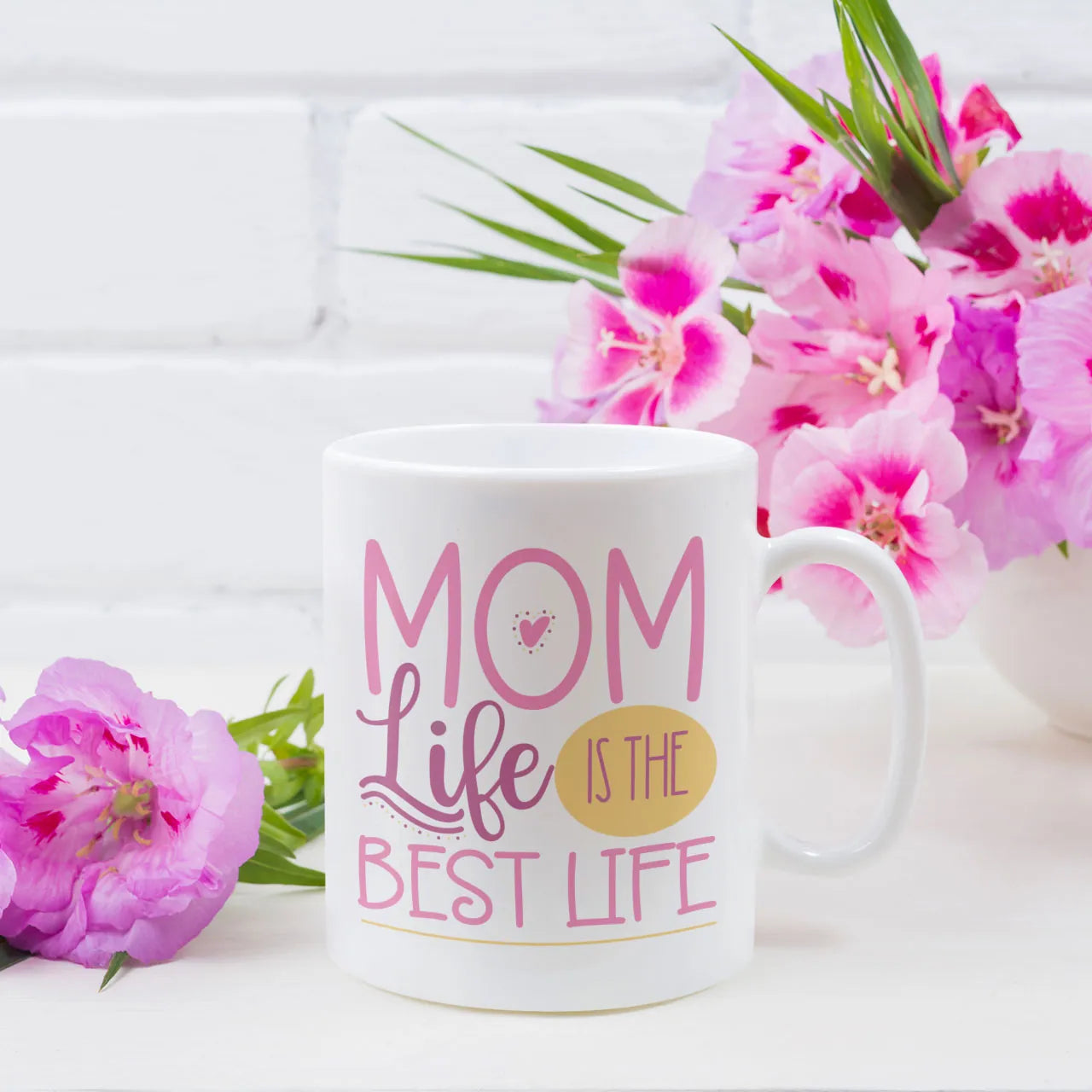 Personalised coffee mug printed with Mom Life Is The Best Life design, white ceramic gift mug, custom tea cup for Mother's Day.