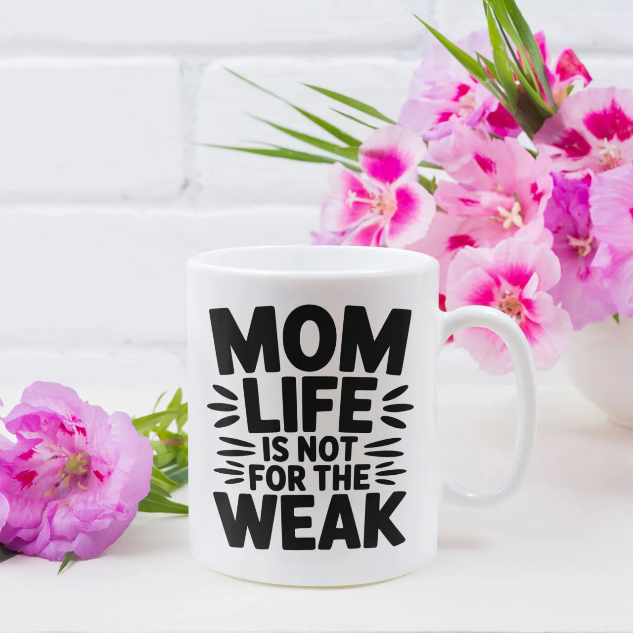 Personalised coffee mug printed with Mom Life Is Not For The Weak design, white ceramic gift mug, custom tea cup for Mother's Day.