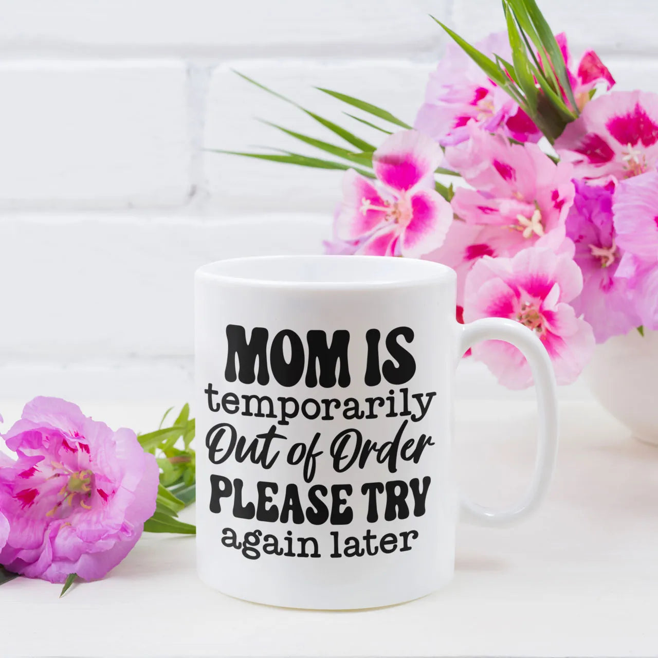 Personalised coffee mug with "Mom Is Temporarily Out Of Order" funny slogan, white ceramic gift mug for Mother's Day, custom tea cup for tired mums.