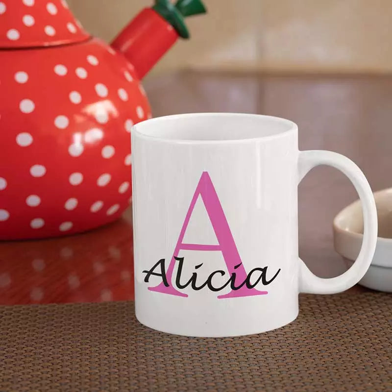 Personalised name & initial mug for her with custom pink design and name