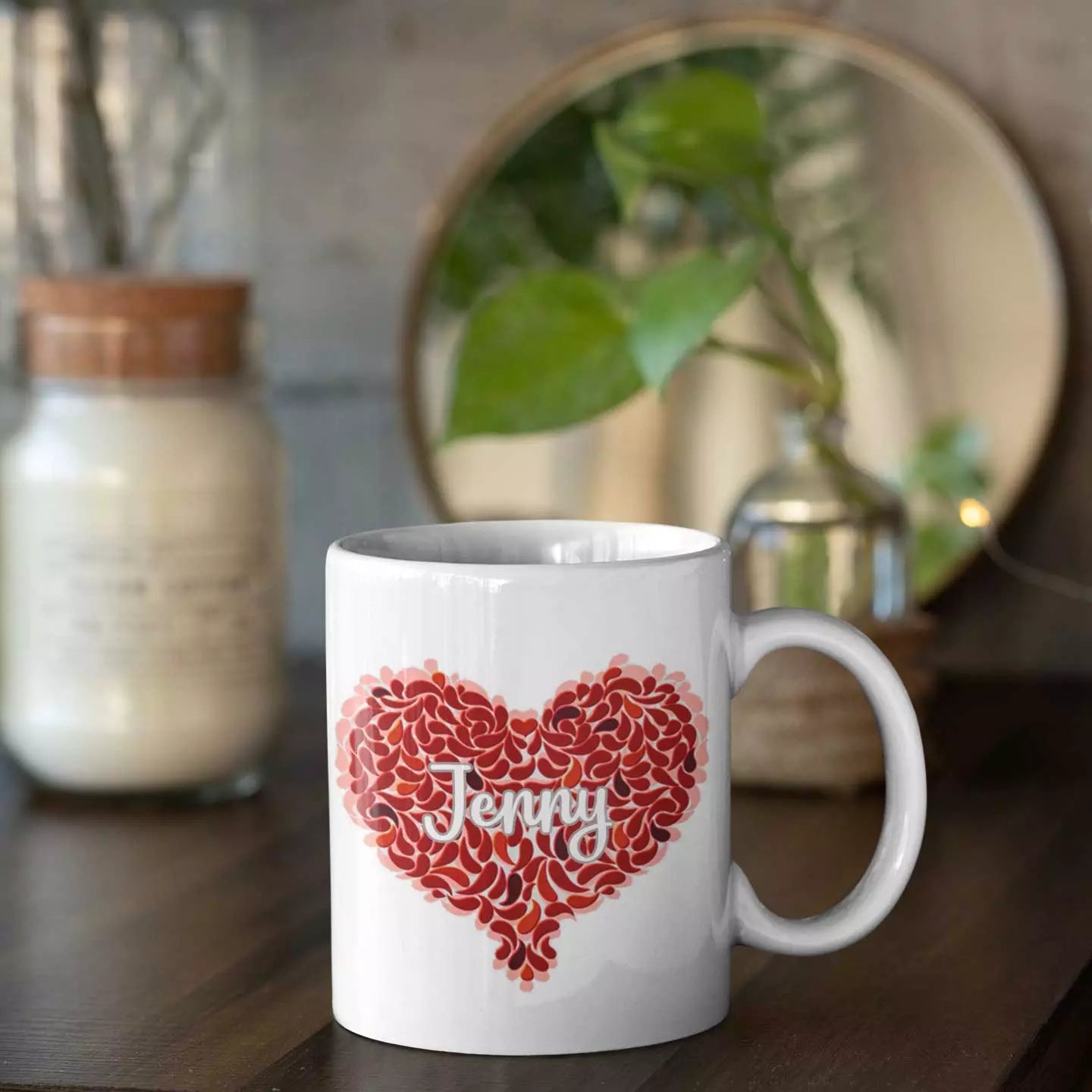 Personalised heart and name mug with custom romantic name and message for Valentine’s Day